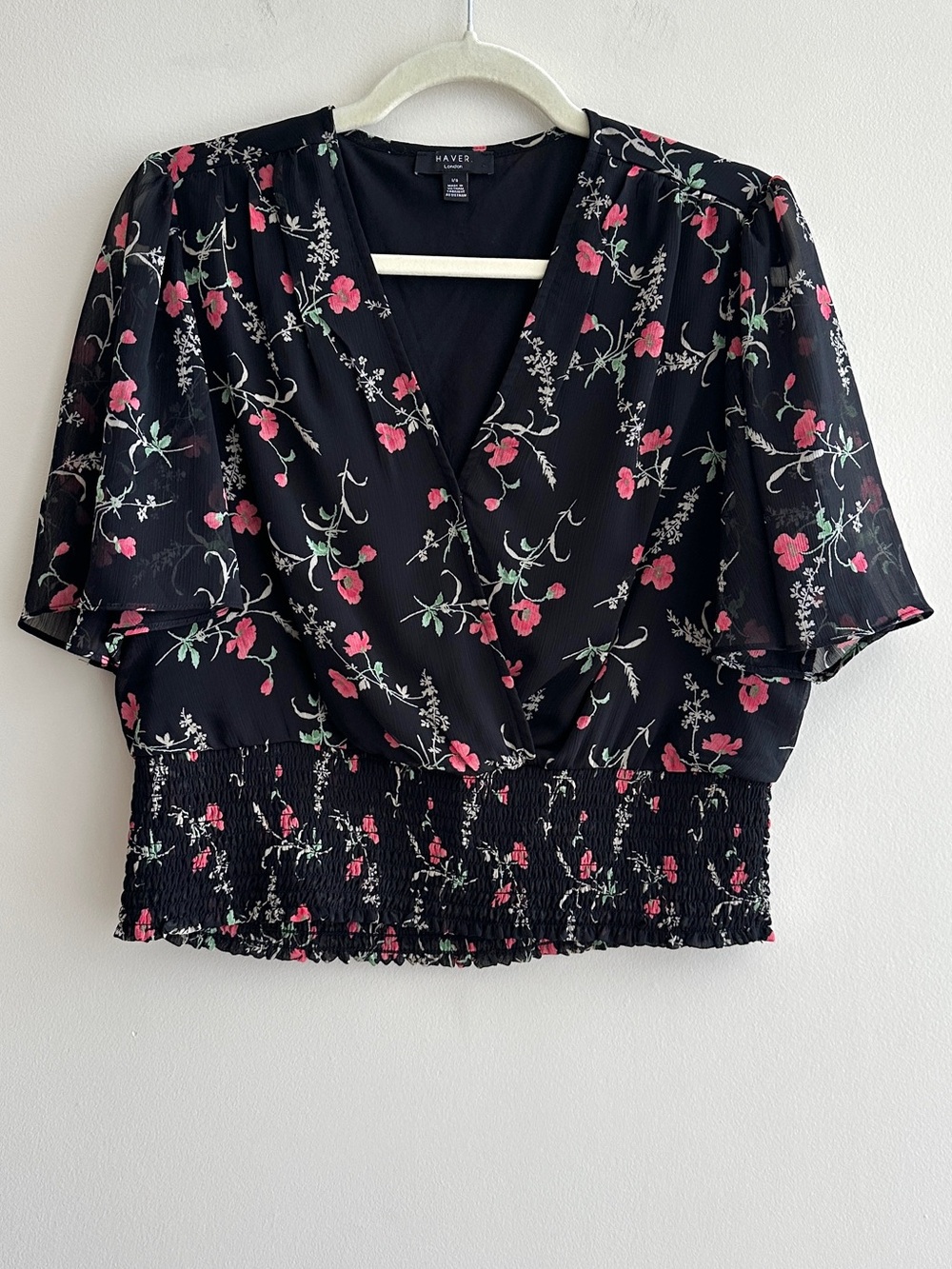 Haver London Smocked Waist Floral Flowy Blouse, Black/Pink, Size Large